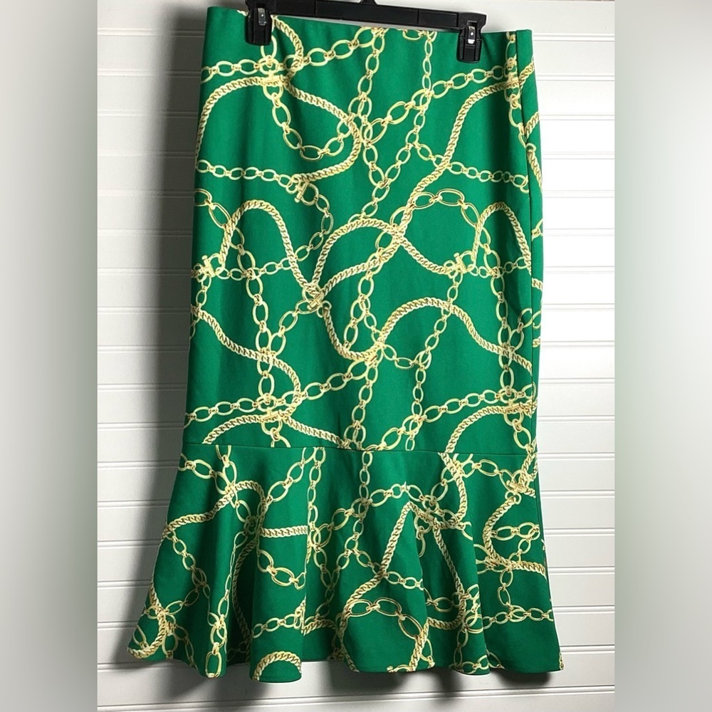 Messini Lime Green abstract  print Maxi Skirt Mermaid Flounce Peplum Size Large